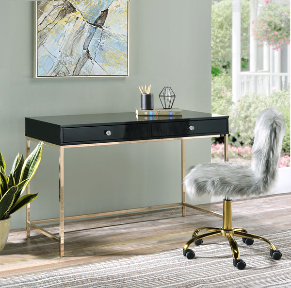 Ottey - Writing Desk - Black High Gloss & Gold Finish