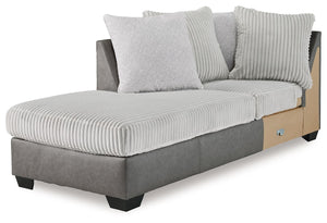This left-arm facing corner chaise is made with polyester and faux leather upholstery. Pairs with other items in the series to make a sectional.<br><br><b>Additional Dimensions</b><br><ul><li>Seat depth: 74-"</li><li>Seat height: 20-"</li><li>Top of cushi