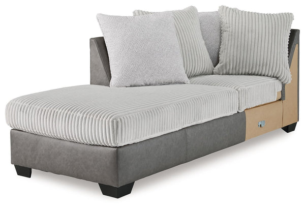 This left-arm facing corner chaise is made with polyester and faux leather upholstery. Pairs with other items in the series to make a sectional.<br><br><b>Additional Dimensions</b><br><ul><li>Seat depth: 74-"</li><li>Seat height: 20-"</li><li>Top of cushi