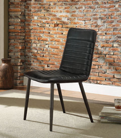 The Hosmer side chair bring a clean and modern style to your dining room. This dining chair features a black top grain leather padded seat with metal tapered legs in an antique black finish, creating a retro vibe. Add this chair to any table for extra com