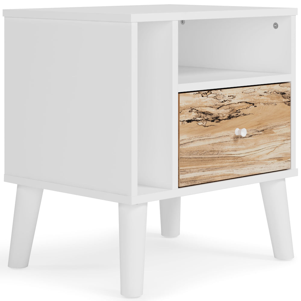 The perfect marriage of contemporary and casual style, this nightstand is a charming addition to your home. It-'s expressive with a two-tone look in a solid matte white finish and a replicated sugarberry wood grain pattern. White knobs and splay legs add 