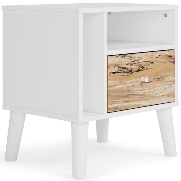 The perfect marriage of contemporary and casual style, this nightstand is a charming addition to your home. It-'s expressive with a two-tone look in a solid matte white finish and a replicated sugarberry wood grain pattern. White knobs and splay legs add 