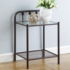  it features a clear tempered glass top for open visibility and easy cleaning. A lower slatted metal shelf adds extra storag