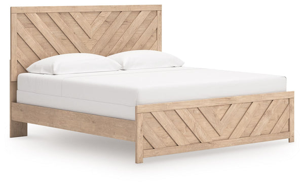This king panel bed brings a touch of modern farmhouse charm to your home. Its light oak finish and clean lines have a fresh, airy feel, effortlessly creating an inviting atmosphere for a restful nightâ€™s sleep. A striking chevron pattern adds texture an