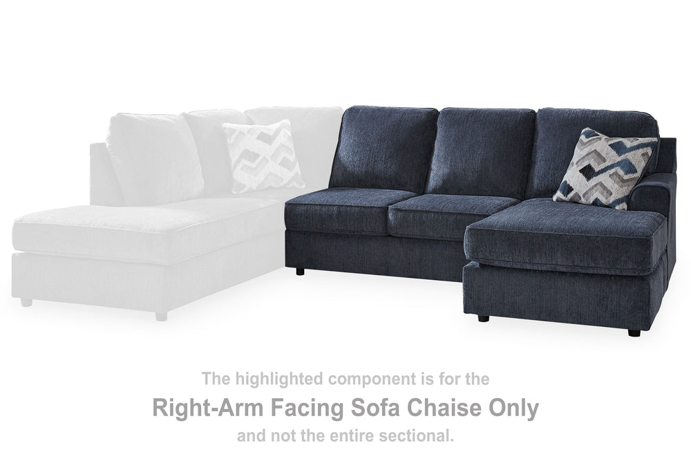 This right-arm facing sofa chaise is made with polyester upholstery. Pairs with other items in the series to make a sectional.<br><br><b>Additional Dimensions</b><br><ul><li>Arm height: 25-"</li><li>Seat depth: 45-"</li><li>Seat height: 20-"</li><li>Top o