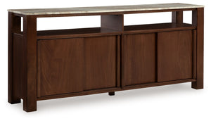 High style and functionality? Check and check. This accent cabinet-'s taupe, white and gray marble top and contrasting dark brown finish bring the wow factor. Sliding doors open to reveal shelves that are perfect for hiding everyday clutter. Whether you u
