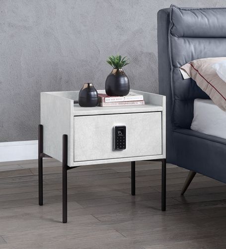 Metis nightstand w/ USB in vintage white top grain leather.