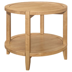 Encourage a warm, welcoming ambiance with the choice of a modern farmhouse end table. Its round profile is crisp and familiar, while offering movement and flowing energy. The table is crafted in Asian hardwood for optimal quality and received a warm maple