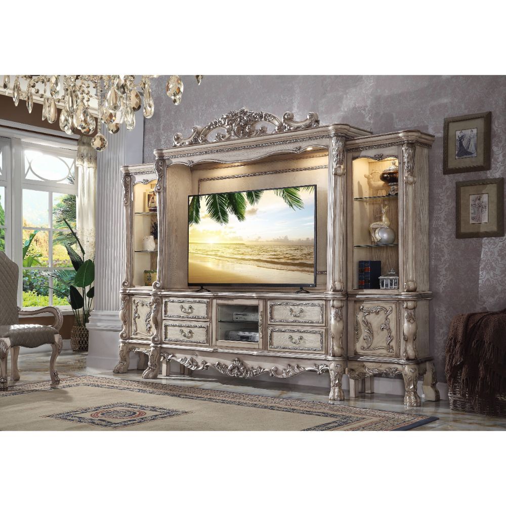 Staying like royalty with this Dresden, the entertainment center was inspired by old European design. This collection features carved scrollwork accent on the top bridge. The accent pieces crafted in wood with cherry oak finish and also include regal feat
