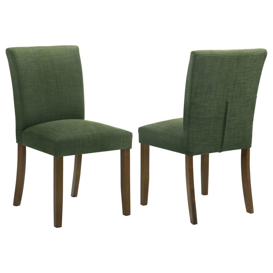 Upgrade your dining table with the fresh silhouettes and contemporary flair of this set of two modern side chairs. Each boasts an armless profile and lovely upholstery that creates the perfect touch of texture. Foam cushions provide exemplary comfort, per