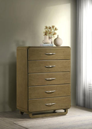  contemporary aesthetic. The nutmeg wood finish offers a rich and inviting feel