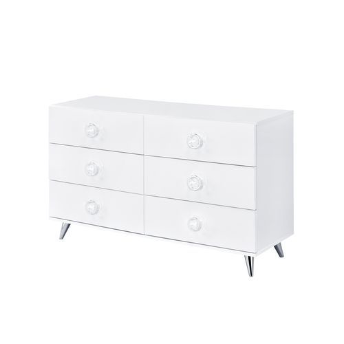 Sleek, modern, and functional are what best describe the Perse collection. The crisp white finish gives off the illusion of a bigger room. The low-profile panel bed features a storage headboard to display various goods. The case goods offer plenty of stor