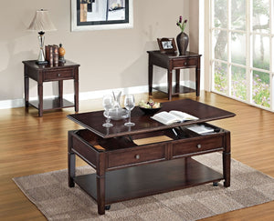 The Malachi Coffee Table offers a Transitional Style in a warm Walnut Finish. The Coffee Table Features a easy lift top with storage space, tapered legs complemented by a bottom display shelf. KD Construction (Assembly Required)<br/><br/><b>Product Featur