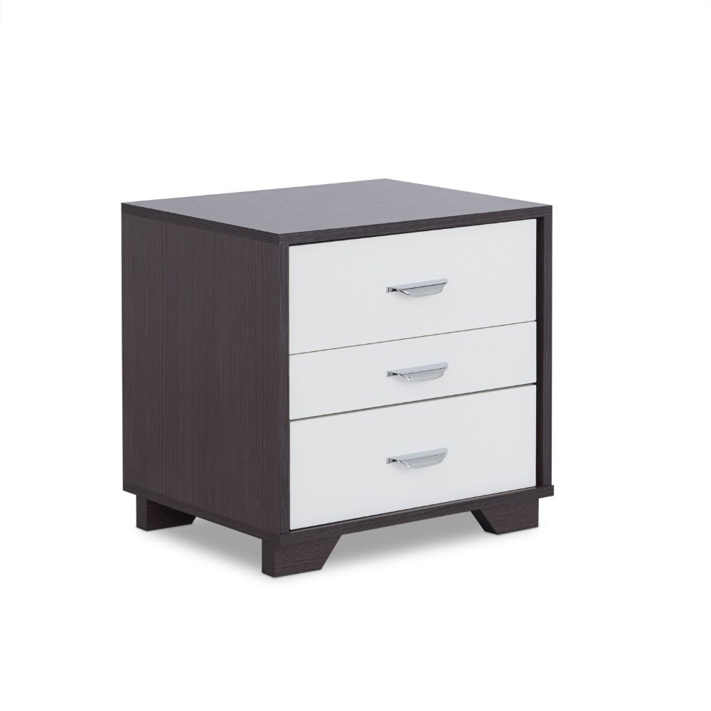 Modern and functional, the Eloy nightstand with easy metal glider runner will be a great addition to your bedroom or living room. Using a combination of espresso and white, this space-saving bedside table gives you three full-size drawers, each perfect fo