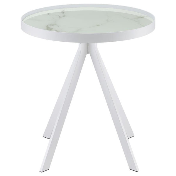 Briggs - Round Marble Printed Glass Top End Side Table - White