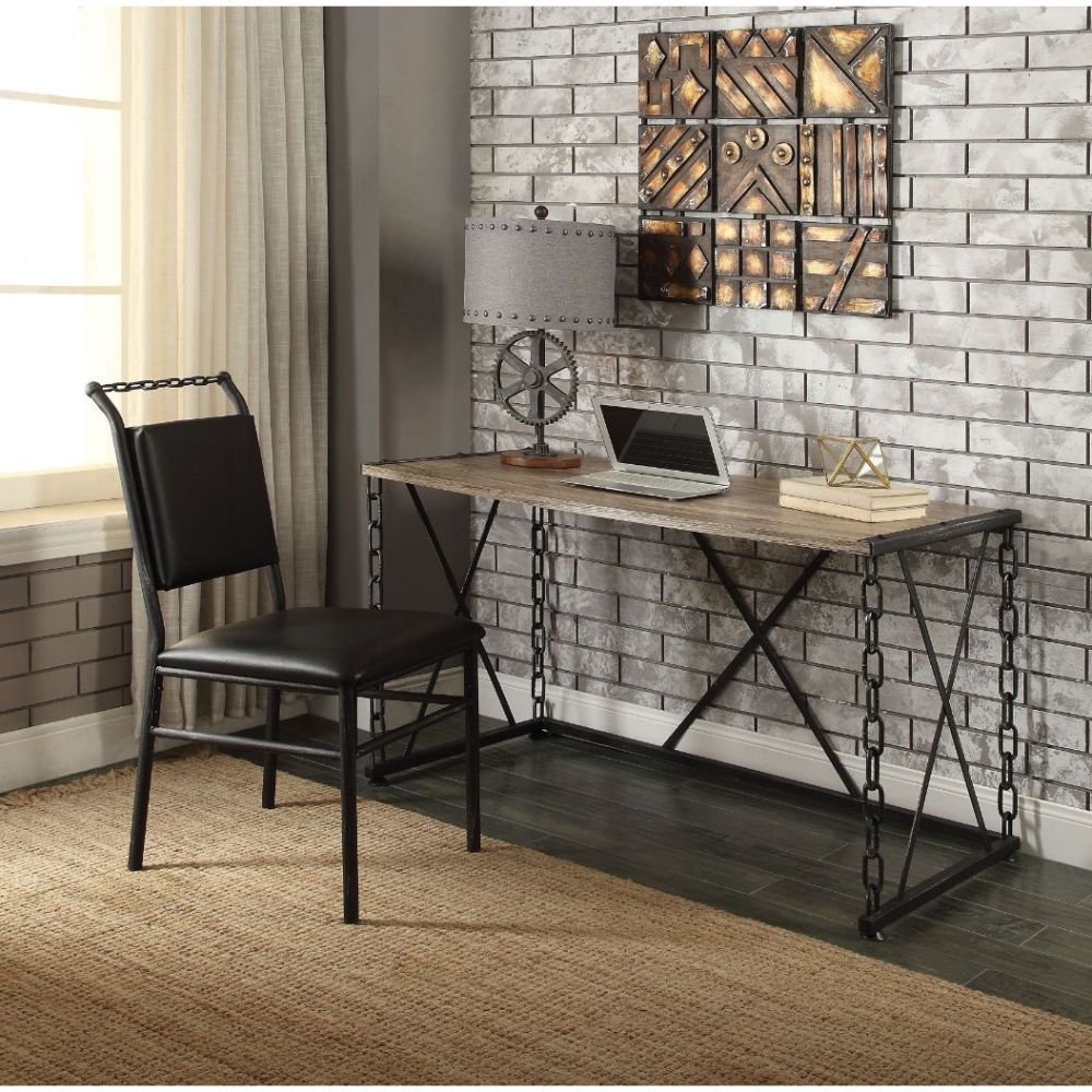 Complete your office with the stylish Jodie desk, features antique rustic oak finish with antique black industrial metal chain frame. This piece offers a new take on your average workspace. A unique and appealing look will add an instant contemporary feel