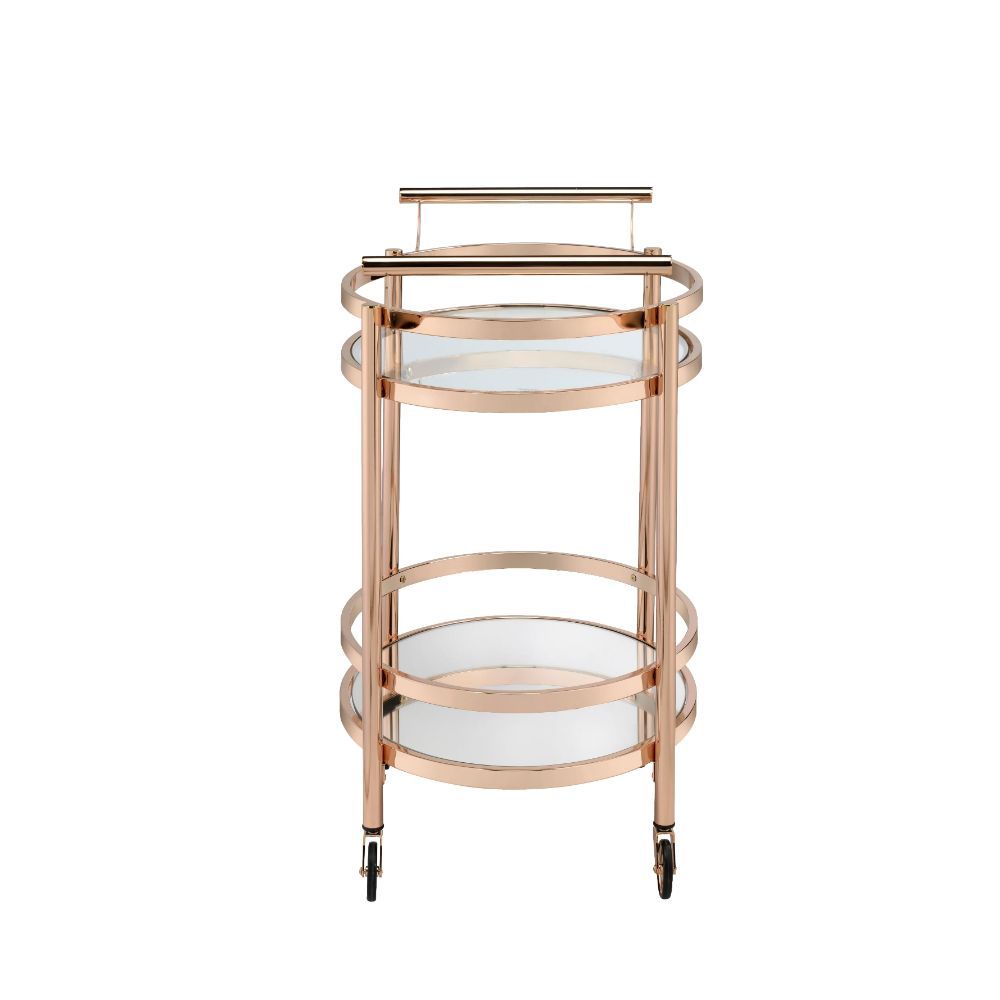 Show off your personality with the Lakelyn serving cart, featuring a metal frame finished in rose gold and top tray of glass and lower mirrored shelf for that glam appeal. The clear tempered glass top and mirror bottom are the ideal place for placing your