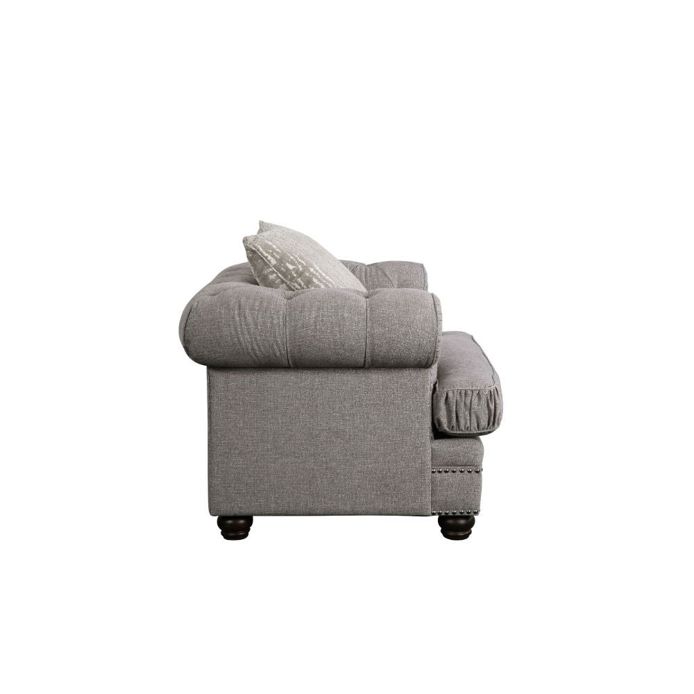 KD Leg, w/1 Pillow â€¢ Features: Button Tufted (Back, Arms), Nailhead Trim (Arms & Base), Pillows w/Down Feather Filling â€¢ Tight Back & Loose Seat Cushion (1+1) â€¢â€¢ CONSTRUCTION â€¢â€¢ SEAT: Down Feather & Foam Fill, Frame Solid Wood, Seat Cushion: W