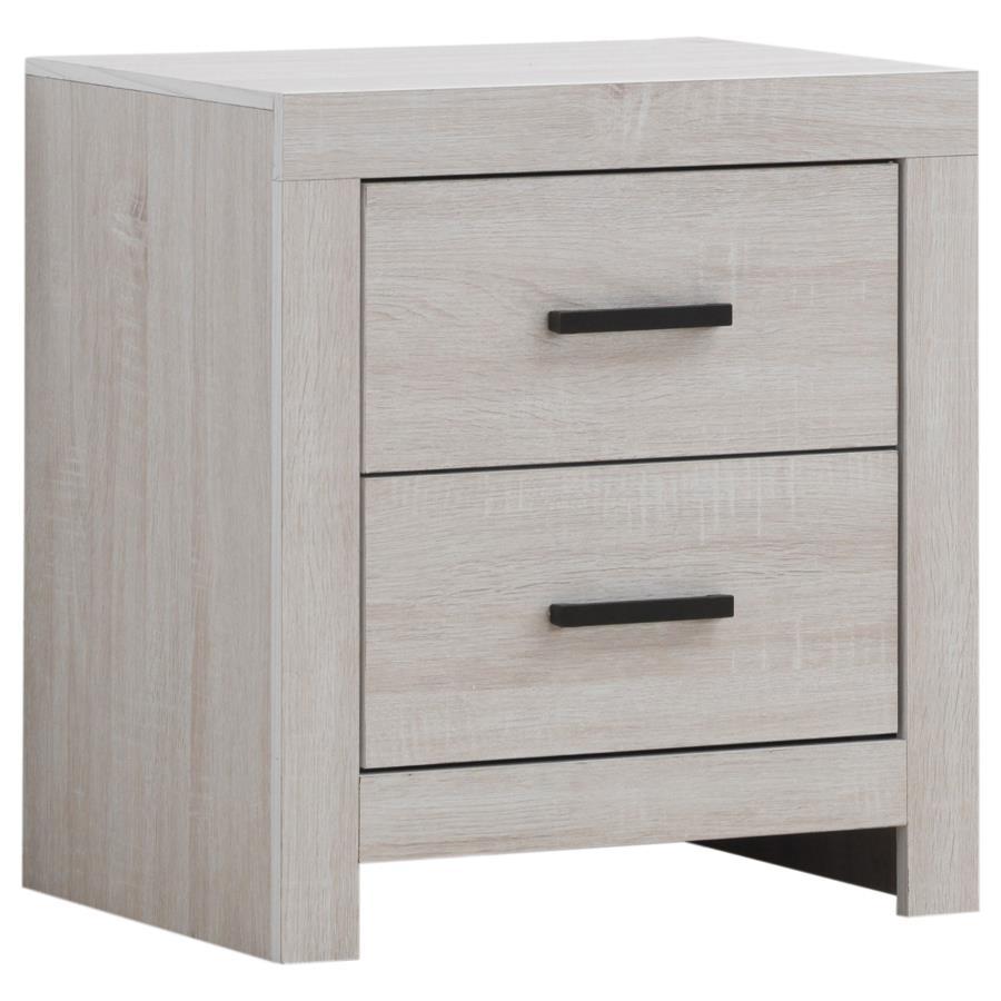 This two-drawer nightstand brings modern style and practical storage to the bedside. Its clean-lined frame complements contemporary spaces, while two spacious drawers provide room for nighttime essentials. Dark bronze handles contrast beautifully against 