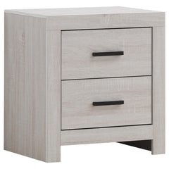 This two-drawer nightstand brings modern style and practical storage to the bedside. Its clean-lined frame complements contemporary spaces, while two spacious drawers provide room for nighttime essentials. Dark bronze handles contrast beautifully against 