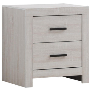 This two-drawer nightstand brings modern style and practical storage to the bedside. Its clean-lined frame complements contemporary spaces, while two spacious drawers provide room for nighttime essentials. Dark bronze handles contrast beautifully against 