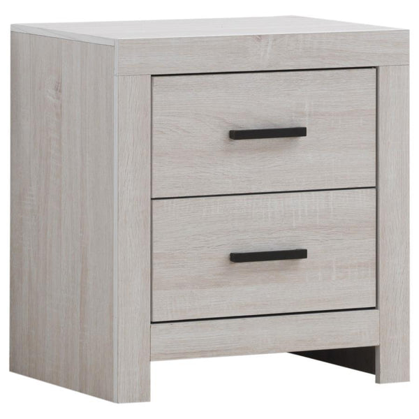 This two-drawer nightstand brings modern style and practical storage to the bedside. Its clean-lined frame complements contemporary spaces, while two spacious drawers provide room for nighttime essentials. Dark bronze handles contrast beautifully against 