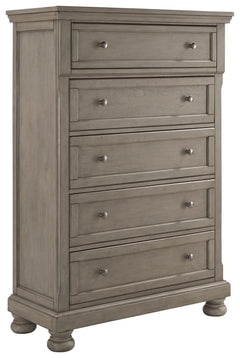 Satisfying your taste for tradition, this chest of drawers sports serene sophistication. Forever classic design detailsâ€”inlaid panels, silvertone patina hardware and bun feetâ€”are so easy to love. Its burnished light gray finish elevates the look with 