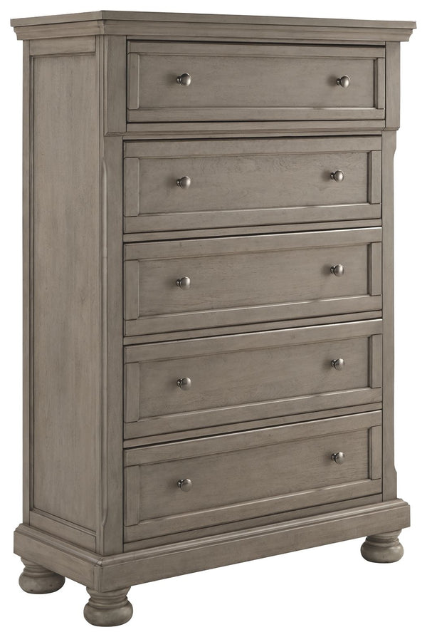 Satisfying your taste for tradition, this chest of drawers sports serene sophistication. Forever classic design detailsâ€”inlaid panels, silvertone patina hardware and bun feetâ€”are so easy to love. Its burnished light gray finish elevates the look with 