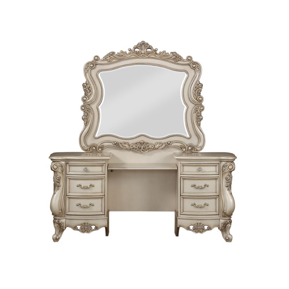 Gorsedd - Vanity Desk & Mirror - Antique White - 71-"<br/><br/><b>Product Features</b><ul><li>Exclusive Design</li><li>Rectangular Vanity Desk, Mirror & Stool</li><li>Raised Scrolled-Floral Moldings with Brushed Finish</li><li>Storage: Vanity Desk w/Drawe