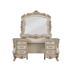 Gorsedd - Vanity Desk & Mirror - Antique White - 71-"<br/><br/><b>Product Features</b><ul><li>Exclusive Design</li><li>Rectangular Vanity Desk, Mirror & Stool</li><li>Raised Scrolled-Floral Moldings with Brushed Finish</li><li>Storage: Vanity Desk w/Drawe