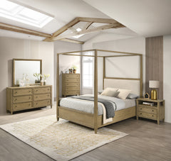 This bedroom set is a harmonious blend of rustic charm and modern simplicity, ideal for creating an inviting and warm atmosphere. The set features a stunning canopy bed as its centerpiece, which boasts a clean-lined frame and a natural wood finish that ex