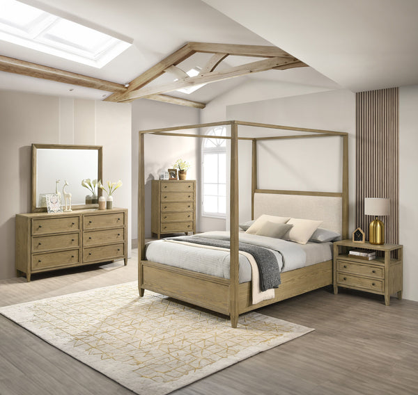 This bedroom set is a harmonious blend of rustic charm and modern simplicity, ideal for creating an inviting and warm atmosphere. The set features a stunning canopy bed as its centerpiece, which boasts a clean-lined frame and a natural wood finish that ex