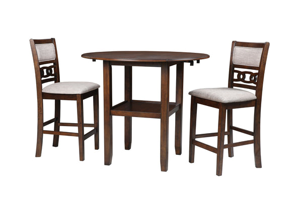 The small space friendly Gia Counter Drop Leaf Table and Chair Set has two 8" drop down leaves that transform this dining table from a 42" round dining set to 24" wide, fitting into compact spaces with ease. The counter table and chair legs are crafted of