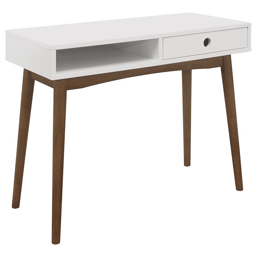 Make a home workstation look stylish and inviting. This mid-century modern writing desk boasts an eye-catching design that will bring your decor to life. Angled legs in a walnut finish flow from a white desktop for a cool, two-tone look. A slide-out drawe