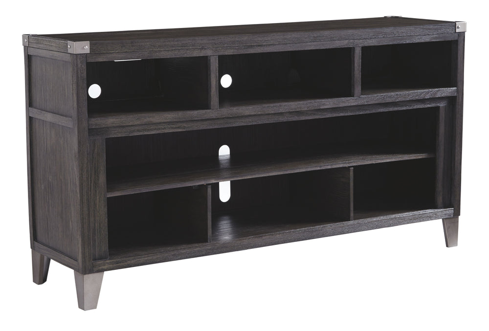 Make watching TV a joy. This TV stand-'s rustic-industrial styleâ€”with a gray finish, squared edges, zinc-tone corner bracket accents and nailhead detailingâ€”is sure to complement any contemporary decor. Several vented open cubbies offer impressive shel
