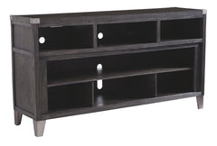 Make watching TV a joy. This TV stand-'s rustic-industrial styleâ€”with a gray finish, squared edges, zinc-tone corner bracket accents and nailhead detailingâ€”is sure to complement any contemporary decor. Several vented open cubbies offer impressive shel
