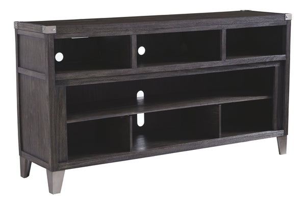 Make watching TV a joy. This TV stand-'s rustic-industrial styleâ€”with a gray finish, squared edges, zinc-tone corner bracket accents and nailhead detailingâ€”is sure to complement any contemporary decor. Several vented open cubbies offer impressive shel