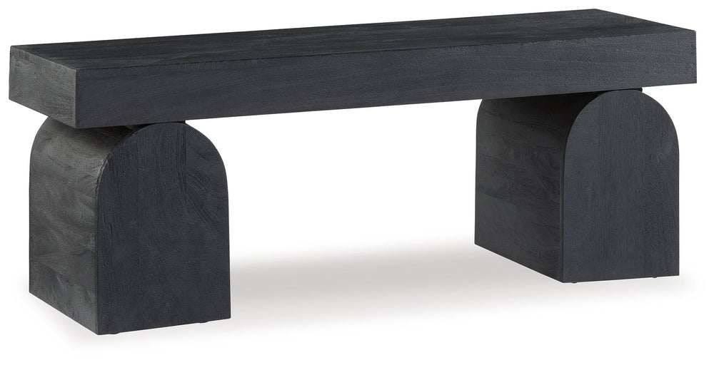 The solid craftsmanship and contemporary style of this bench make it the perfect accent piece in your modern living room, home office or entryway. Its lightly sandblasted effect exudes a decidedly on-trend vibe. Oversized decorative legs add an upscale ar
