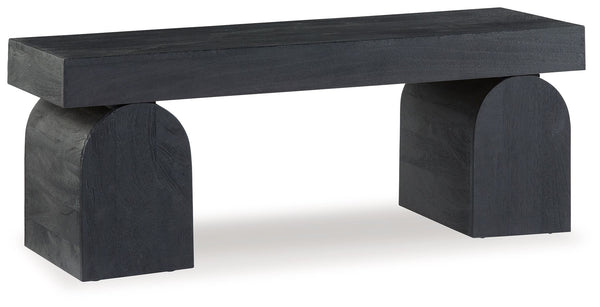 The solid craftsmanship and contemporary style of this bench make it the perfect accent piece in your modern living room, home office or entryway. Its lightly sandblasted effect exudes a decidedly on-trend vibe. Oversized decorative legs add an upscale ar