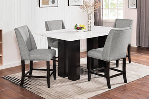  making it an exquisite addition to any dining space. This set includes a stunning white faux marble counter dining table and four elegantly upholstered Parso