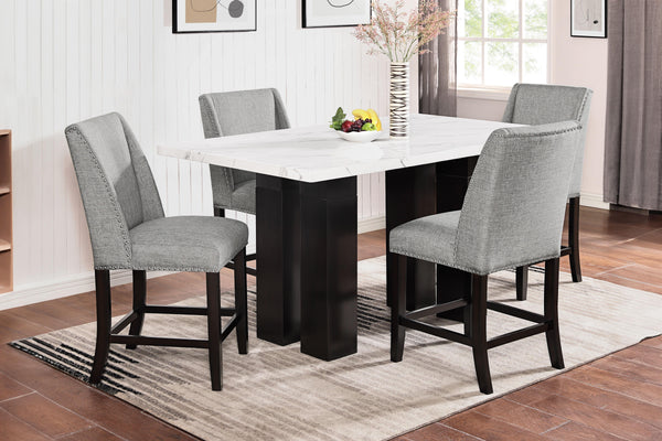  making it an exquisite addition to any dining space. This set includes a stunning white faux marble counter dining table and four elegantly upholstered Parso