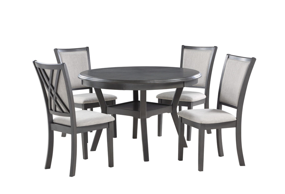 The meticulously crafted Amy 5-Piece Wood Round Dining Set includes a spacious 47" round dining table and four chairs, designed for both durability and beauty. The solid Rubberwood and Mindi veneer construction ensures lasting quality, while the contempor