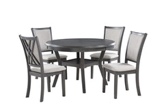 The meticulously crafted Amy 5-Piece Wood Round Dining Set includes a spacious 47" round dining table and four chairs, designed for both durability and beauty. The solid Rubberwood and Mindi veneer construction ensures lasting quality, while the contempor