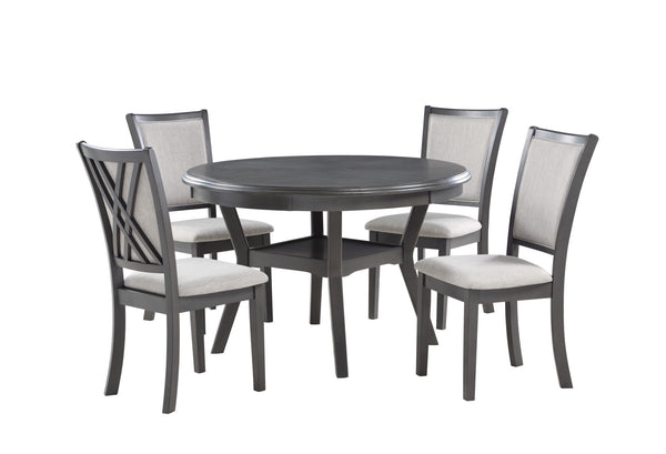 The meticulously crafted Amy 5-Piece Wood Round Dining Set includes a spacious 47" round dining table and four chairs, designed for both durability and beauty. The solid Rubberwood and Mindi veneer construction ensures lasting quality, while the contempor