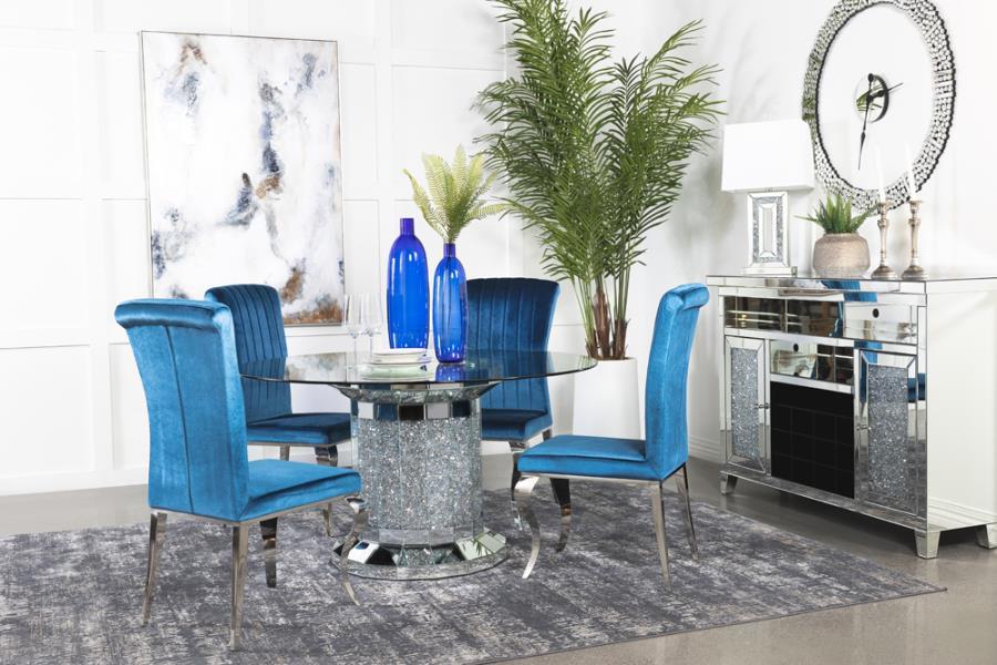 Invite over a few guests to celebrate at this modern glam dining table. A round, clear glass top reveals the scintillating column-inspired pedestal frame beneath, offering an open and airy look. Sparkling faux diamonds are encrusted within the base for a 