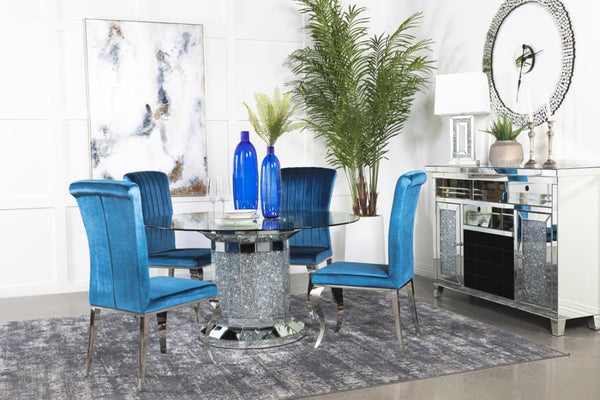  clear glass top reveals the scintillating column-inspired pedestal frame beneath