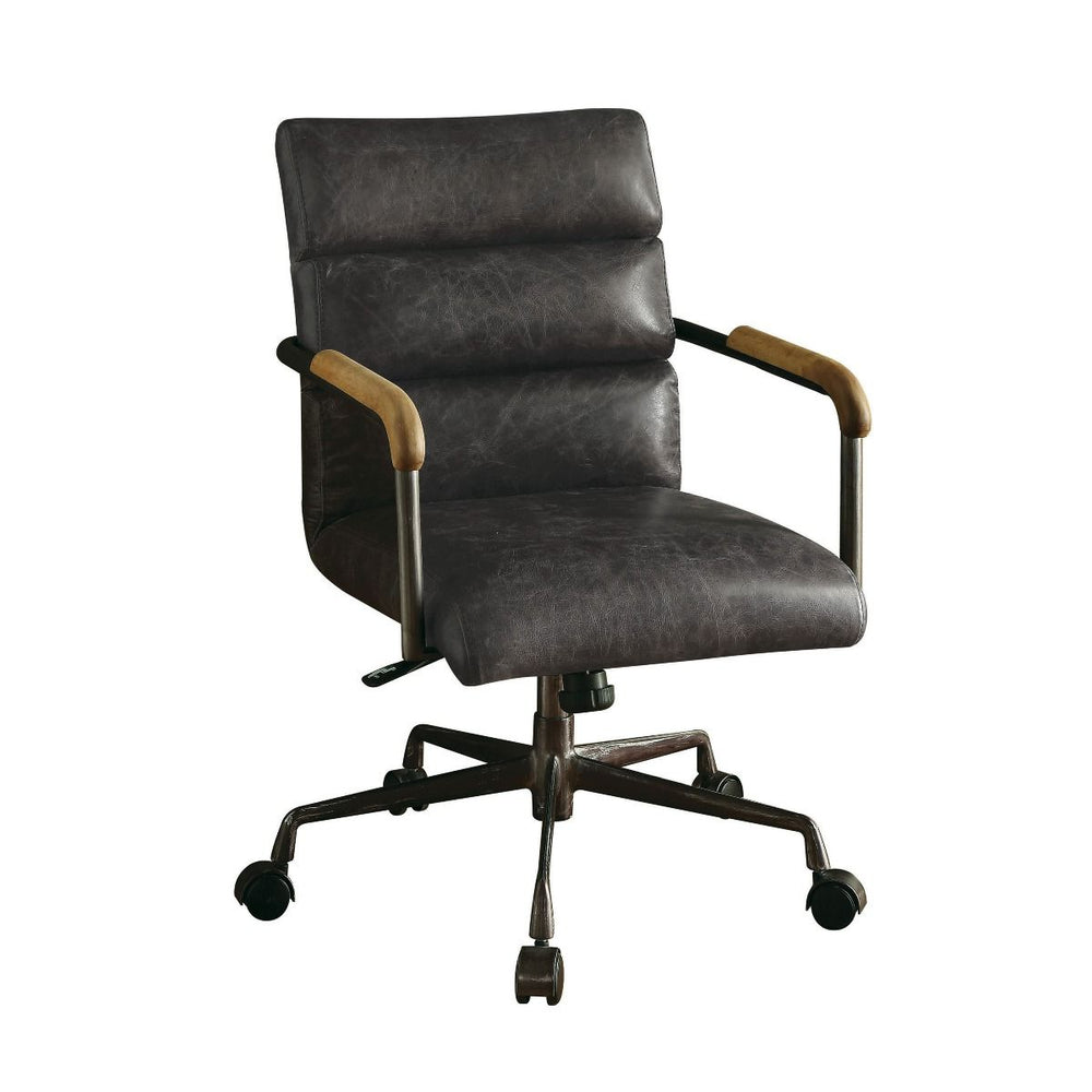 The Harith office chair brings comfort and style to any work space. Handsome, channel-seamed antique ebony top grain leather upholstery is complemented by a metal base with casters and metal frame armrests. It-'s Industrial design promise comfort and func