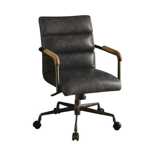 The Harith office chair brings comfort and style to any work space. Handsome, channel-seamed antique ebony top grain leather upholstery is complemented by a metal base with casters and metal frame armrests. It-'s Industrial design promise comfort and func