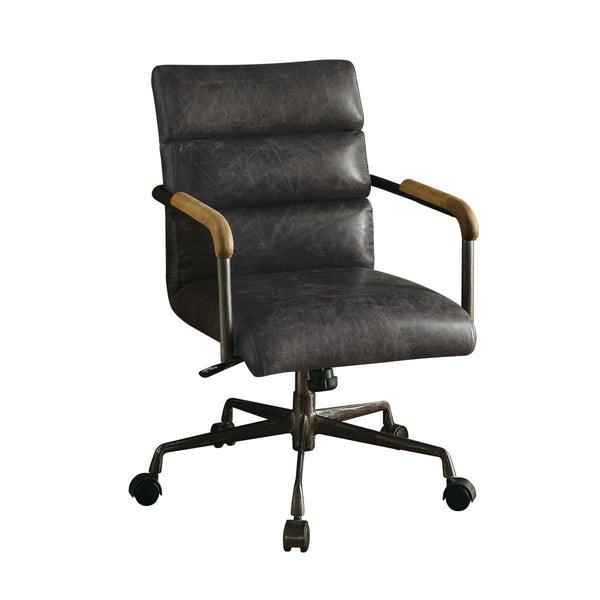 The Harith office chair brings comfort and style to any work space. Handsome, channel-seamed antique ebony top grain leather upholstery is complemented by a metal base with casters and metal frame armrests. It-'s Industrial design promise comfort and func