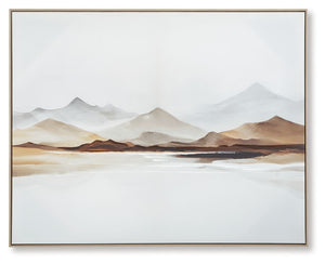 Bring the majesty of the mountains indoors with this landscape. An open expanse in the foreground contrasts and draws the eye to the rolling hills. The wall art takes a minimalistic approach to natural beauty, with neutral tones that make an impact in con